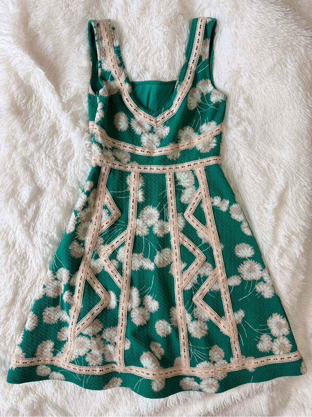 Anthropologie Maeve Green Floral Knit A-Line Dress with Cream Trim - Picture 4 of 4